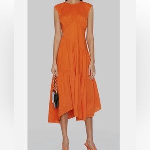 Frame Gathered-Seam MIDI Dress, Orange